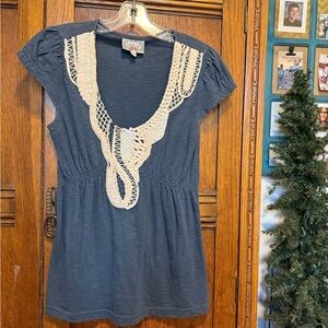 Anthropologie BARASCHI Slate blue top with Ivory Crochet